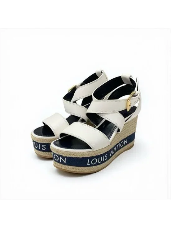 Louis Vuitton Boundary Line Sandals Shoes Leather White Navy Logo Wedge Sole - Picture 2 of 10